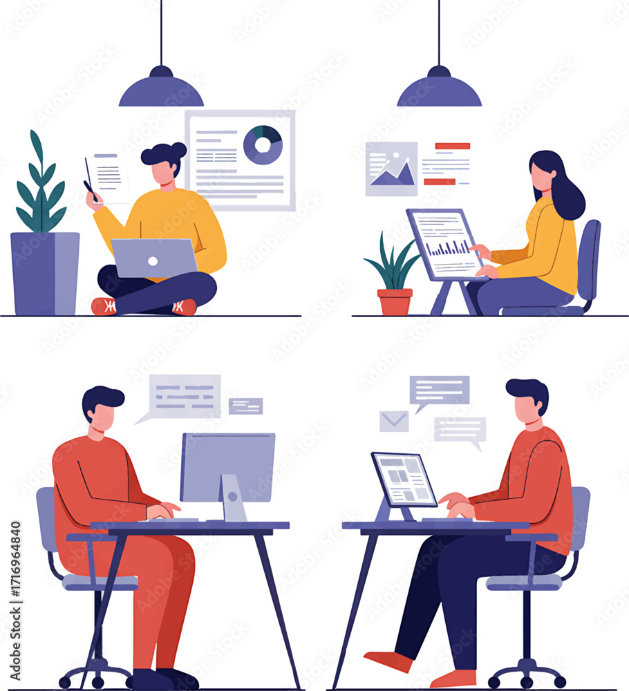 Poster diverse people working on computers studying and analyzing data in modern office.