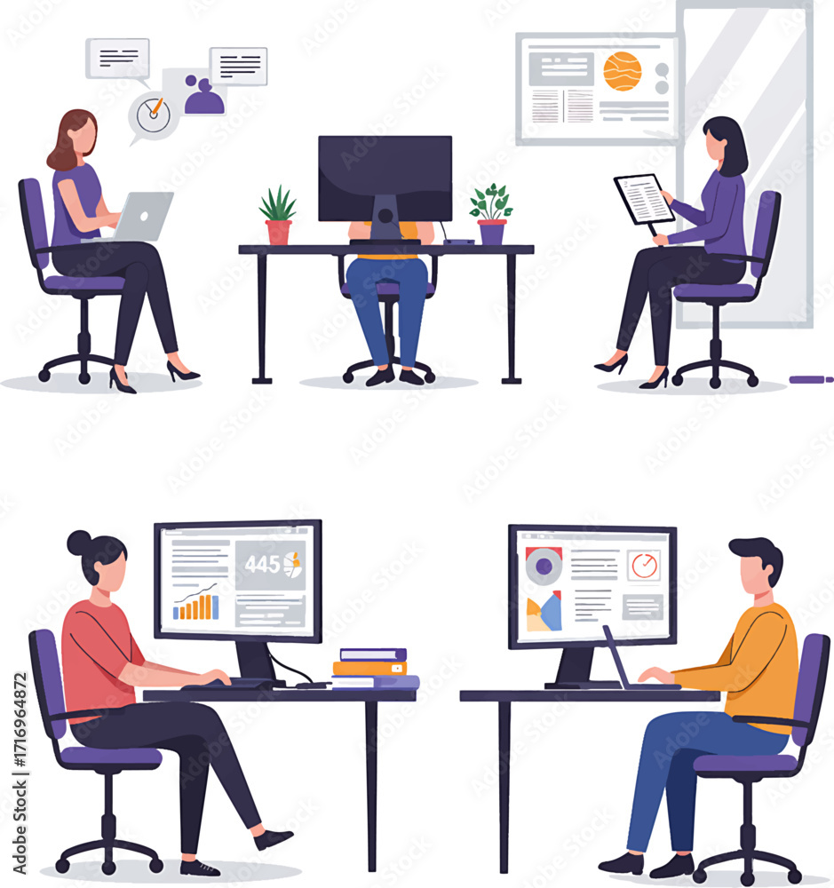 Poster diverse team working at desks with computers and tablets in office.