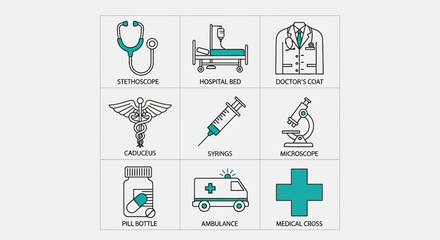 Medical icons set, including stethoscope, hospital bed, doctor's coat, caduceus, syringe, microscope, pill bottle, ambulance, and medical cross.