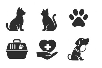 Vector icon collection depicting pets, veterinary care, and pet accessories in a simple flat design suitable for various applications 
