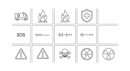 Fototapeta premium A grid of various warning and informational symbols, including an ambulance, fire, medical cross, SOS, radiation, and skull and crossbones.