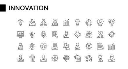 Collection of line art icons representing innovation and business concepts.