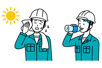 熱中症対策をする作業員の男性　セット