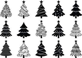 Black and white Christmas tree silhouette set, festive holiday pine, decorative seasonal design, star topper, vector illustration, winter celebration art