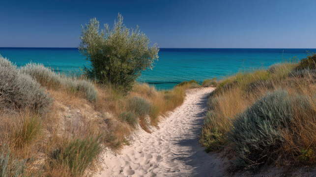 Serene pathway leads to tranquil beach, surrounded by lush greenery and vibrant blue waters. sandy trail invites exploration, evoking sense of peace and natural beauty