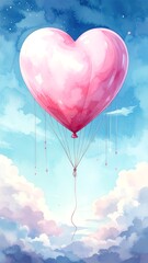 Heart-shaped balloon floats in a dreamy sky