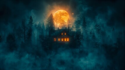 Eerie Evening Spooky House Silhouetted by a Glowing Moon