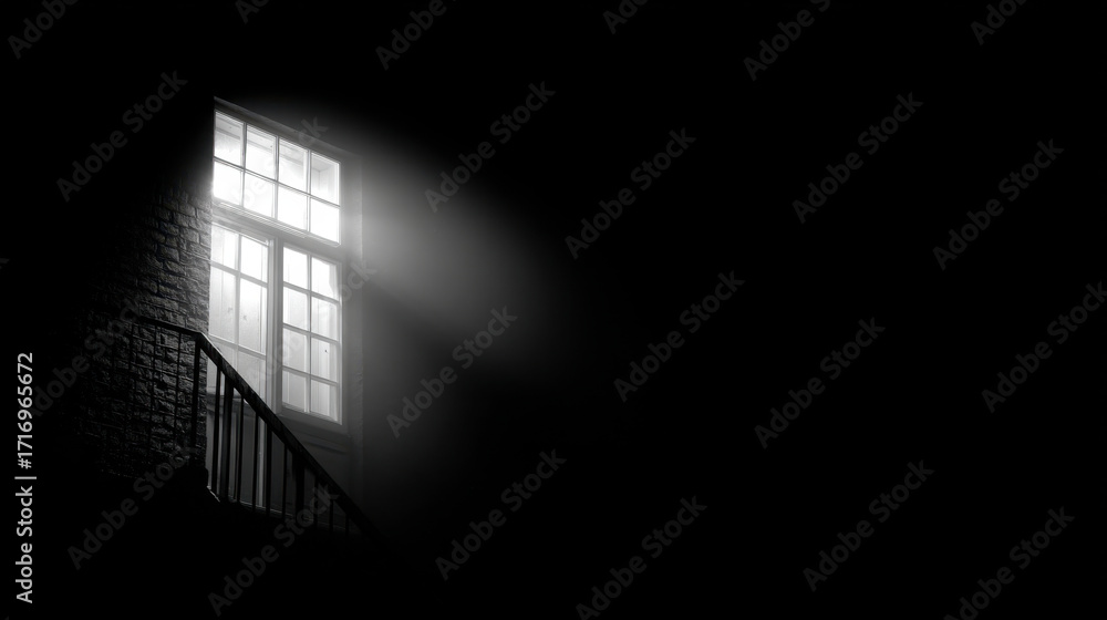 Poster dimly lit window casts soft glow in darkness, creating eerie yet captivating atmosphere. light beams