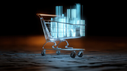 Futuristic shopping cart with glowing, transparent bars representing data or growth, set against dark background. image conveys sense of innovation and technology in retail