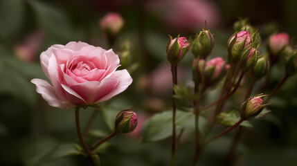 Fototapeta premium Beautiful pink rose stands out among budding roses, showcasing delicate petals and vibrant colors. scene evokes sense of tranquility and natural beauty, perfect for floral enthusiasts