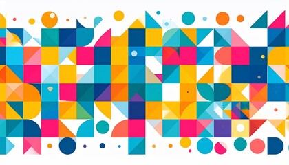 A vibrant geometric pattern design composed of colorful squares, triangles, and circles, creating a dynamic and playful visual effect.
