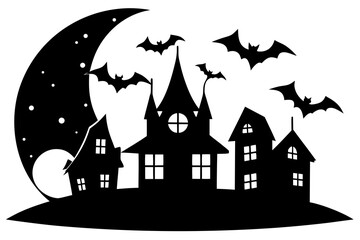 Vector art of spooky haunted house sillouette with bats flying in the night