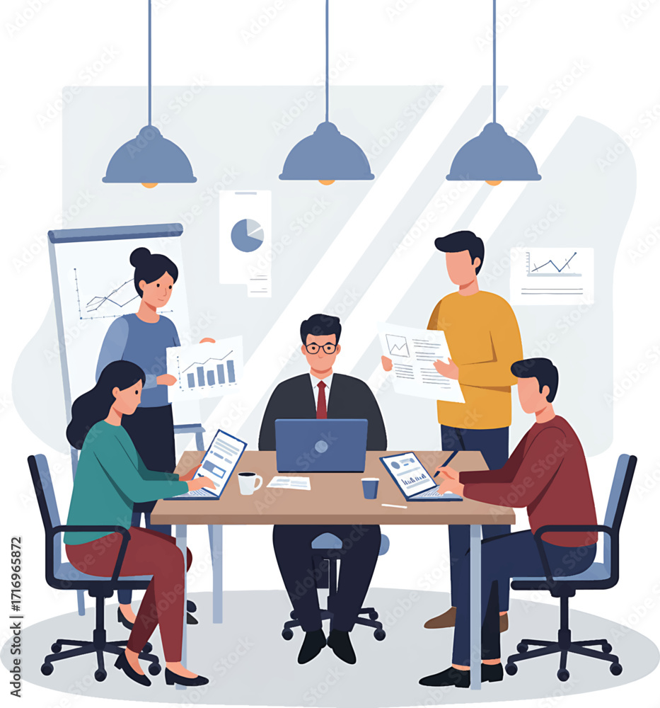 Poster diverse business team meeting collaborative work session data analysis modern office setting.