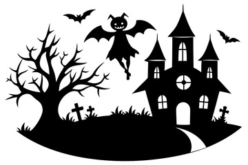 Vector art of silhouette of haunted house with bats and ghost