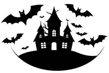 Vector art of silhouette of a spooky haunted house with bats