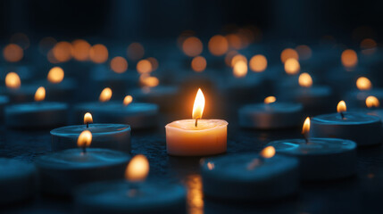 Serene scene featuring lit candle surrounded by numerous unlit candles, creating warm and peaceful atmosphere. flickering flame stands out against soft glow of surrounding candles, evoking sense