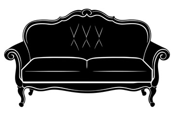 Vector art of black and white vector illustration of an ornate sofa
