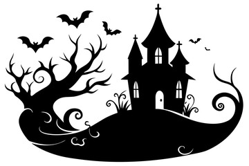 Vector art of silhouette  of haunted house with bats, halloween