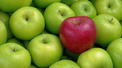 Fresh green apples surround single red apple, creating vibrant contrast. apples are glistening with moisture, showcasing their freshness and inviting appearance