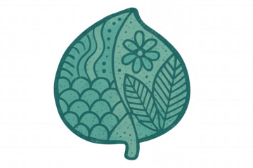 Stylized teal green leaf illustration featuring natural patterns, abstract shapes, and doodle art on a transparent background