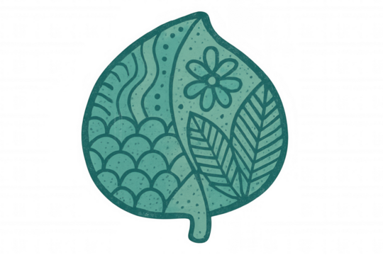 Stylized teal green leaf illustration featuring natural patterns, abstract shapes, and doodle art on a transparent background