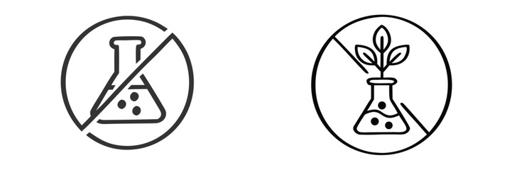 Chemical free and GMO free line icon set for natural product packaging and labels, symbols for organic food and cosmetics without preservatives or artificial additives