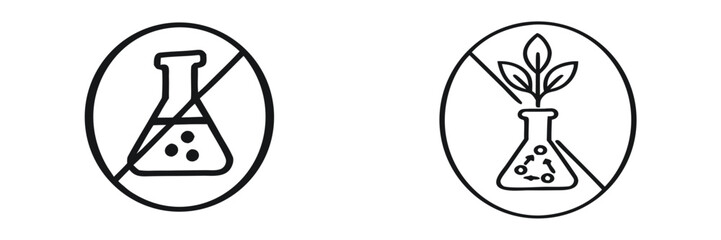 Chemical free and GMO free line icon set for natural product packaging and labels, symbols for organic food and cosmetics without preservatives or artificial additives