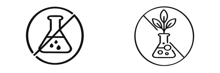 Chemical free and GMO free line icon set for natural product packaging and labels, symbols for organic food and cosmetics without preservatives or artificial additives