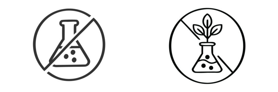 Chemical free and GMO free line icon set for natural product packaging and labels, symbols for organic food and cosmetics without preservatives or artificial additives