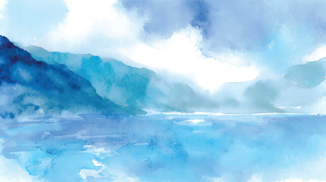 Beautifully Fluid Abstract Ocean Wave Design in Soft Blue and White, Highlighting a Tsunami Wave in Cartoon Style, Creating a Smooth Watercolor Splash That Evokes the Calm and Majesty of Tropical Wat