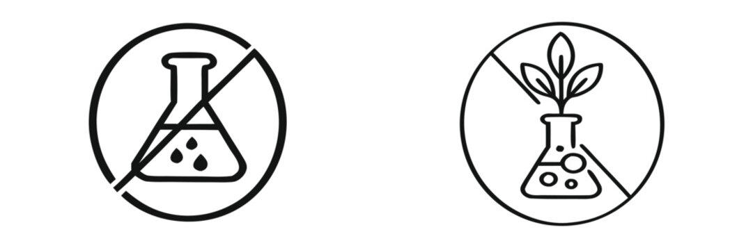 Chemical free and GMO free line icon set for natural product packaging and labels, symbols for organic food and cosmetics without preservatives or artificial additives