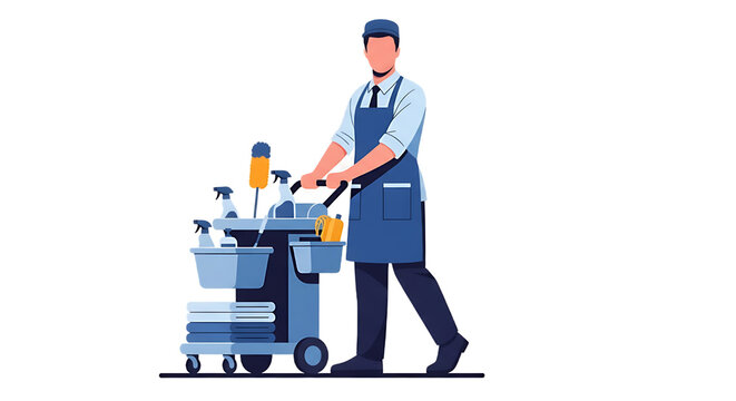 Professional cleaner with cleaning supplies cart, ready for housekeeping service