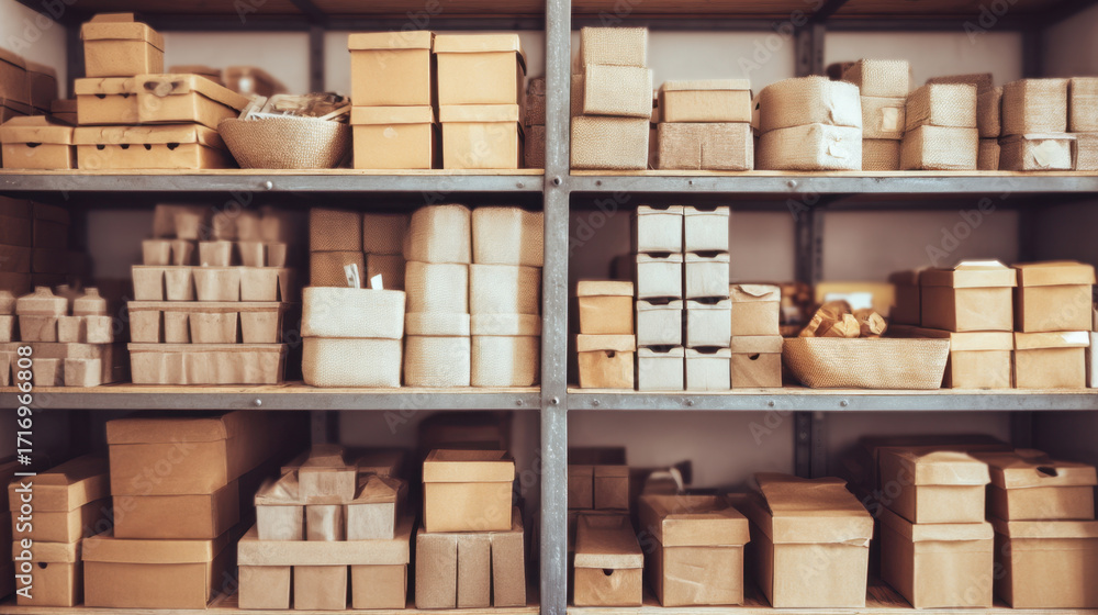 Aufkleber shelves filled with neatly arranged brown packaging boxes and containers create organized and aesthe