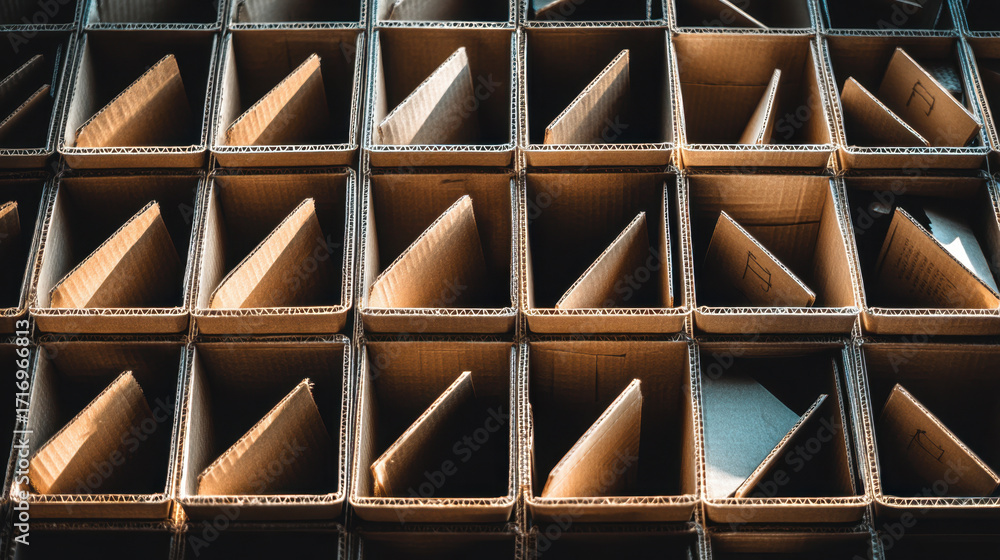 Aufkleber Cardboard boxes arranged in grid pattern create visually striking composition. interplay of light and shadow highlights textures and shapes of boxes, evoking sense of order and organization