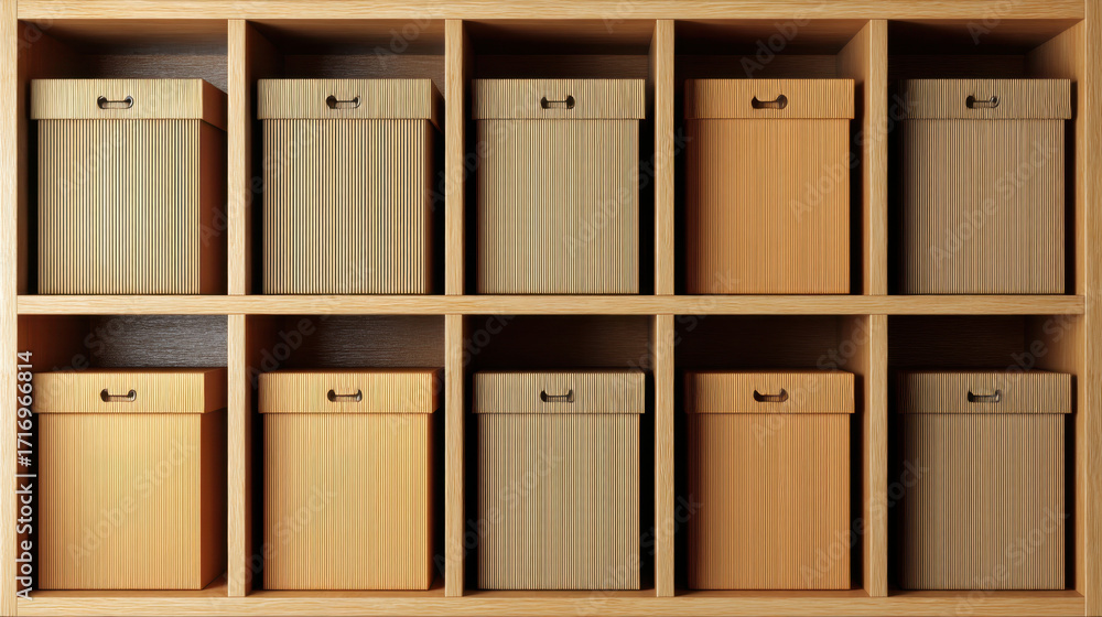 Aufkleber organized storage boxes in wooden shelf create neat and tidy appearance. boxes feature various color