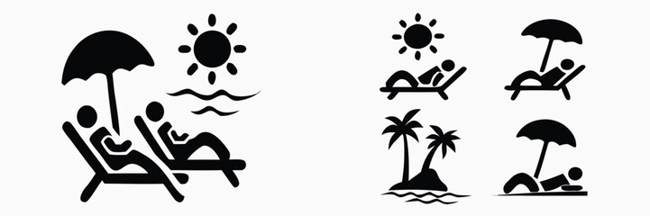 Set of beach vacation and summer relaxation icons with people sunbathing on lounge chairs under an umbrella 
