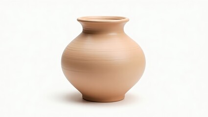 A simple, light beige pottery vase stands out against a pure white background.