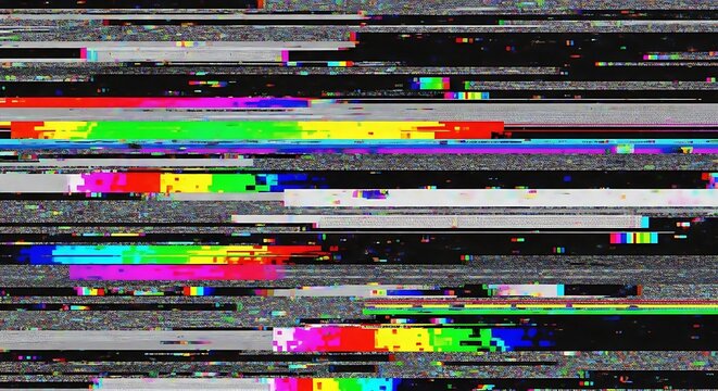 A vibrant, pixelated display of corrupted video signals, showcasing a spectrum of colors amidst the static.