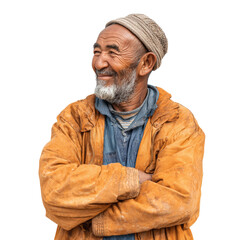 North African elder man with orange jacket and crossed arms