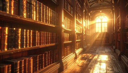 Fototapeta premium Sunlit Library Interior with Golden Light Rays Shining Through Large Window in Architectural Photography