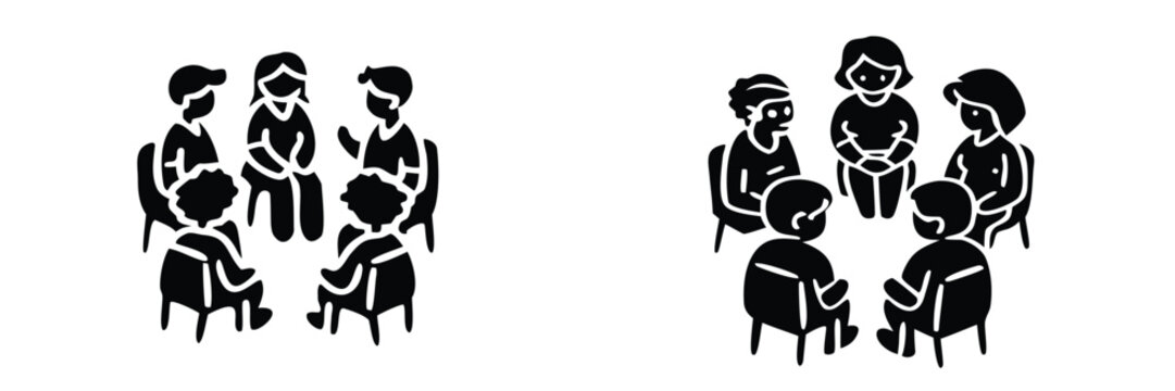 Group therapy session and support meeting icons with people sitting in a circle for discussion and counseling 
