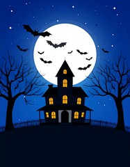 Haunted house at night under a full moon