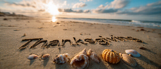 Thanksgiving Sand Inscription with Wide Cinematic Horizon and Seasonal Coastal Theme – perfect for seasonal designs