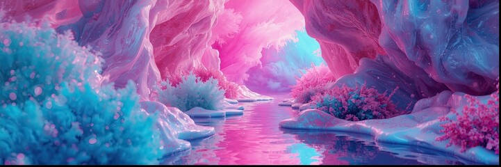 A vibrant, fantastical cave system, filled with ethereal pink and blue hues, showcases a flowing stream reflecting the surrounding surreal landscape.