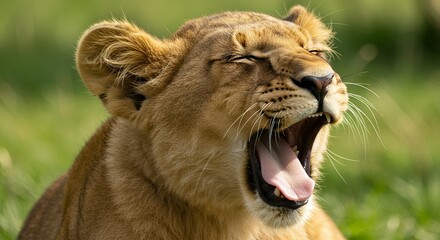 Obraz premium Yawning lioness portrait