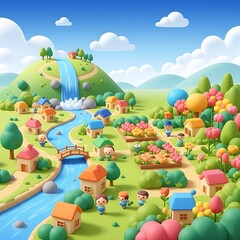 Naklejka premium Beautiful 3D Village Landscape with Rice Fields Hills and River