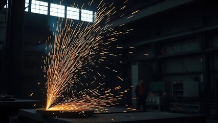 An industrial workshop with glowing sparks, showcasing dynamic energy in a dark environment.
