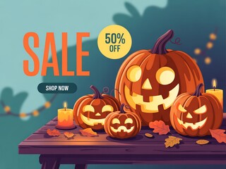 Halloween sale banner with scary pumpkins offering 50 discount on table