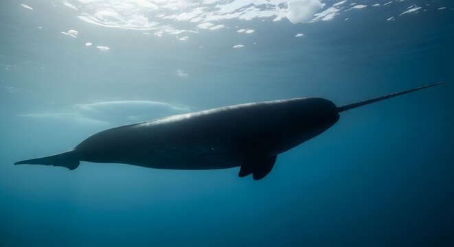Large Dark Narwhal Swimming Calmly Under Arctic Ice in Clear Blue Water
