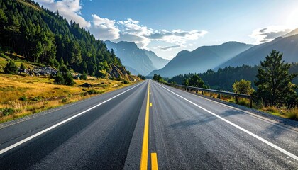Scenic Mountain Road with Asphalt and Yellow Lines Under a Bright Sky with Mist and Trees Perspective View